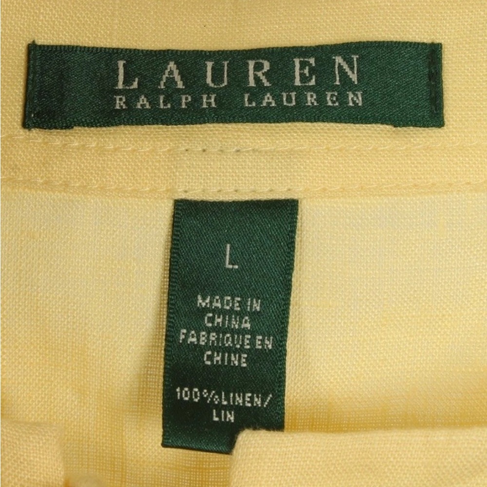 Lauren Ralph Lauren Shirt Women’s Large Yellow 100% Linen Lace Up V Neck Pockets - Picture 8 of 9